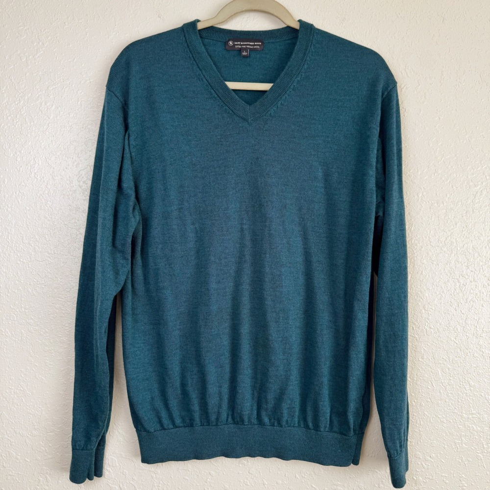 Hart Schaffner Marx Extra Fine Merino Wool V-Neck Sweater Teal Blue L